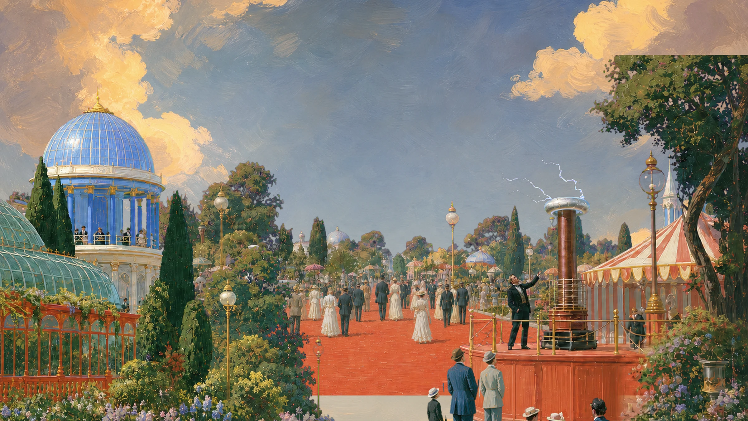A painted world's fair promenade, with gardens, pavilions and people coming together